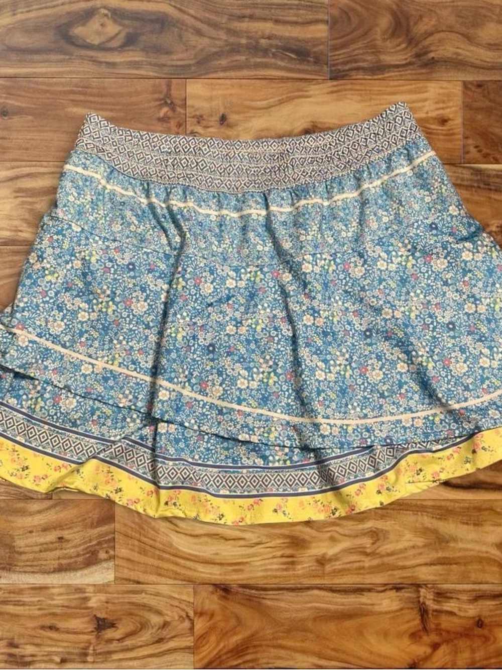 Lucky in Love Blue Floral Tiered Skirt with Yellow Hem